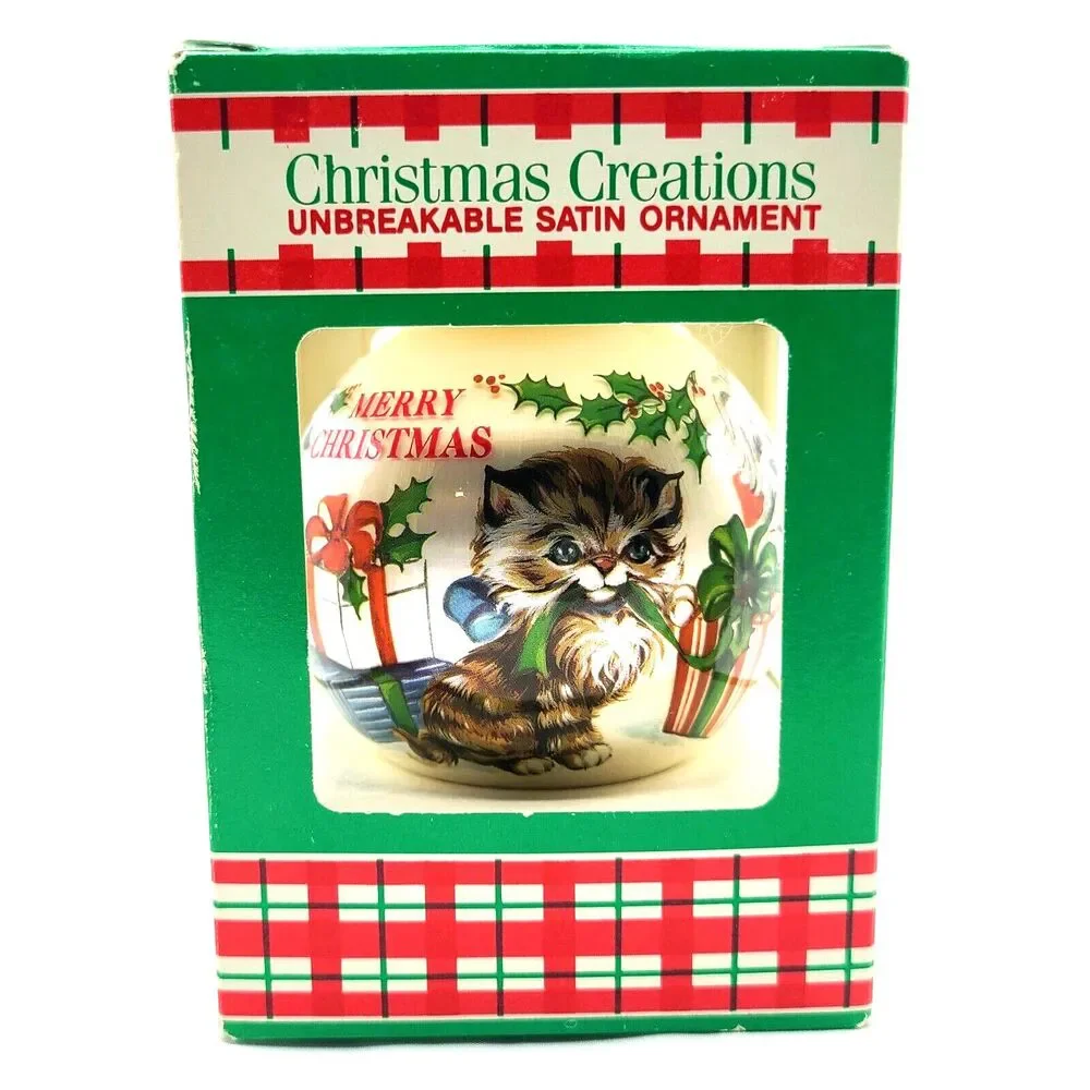 Vintage Christmas Cat Dog Ornament Satin Ball Kitsch Retro Gift Kitty Puppy Cute - Picture 2 of 6